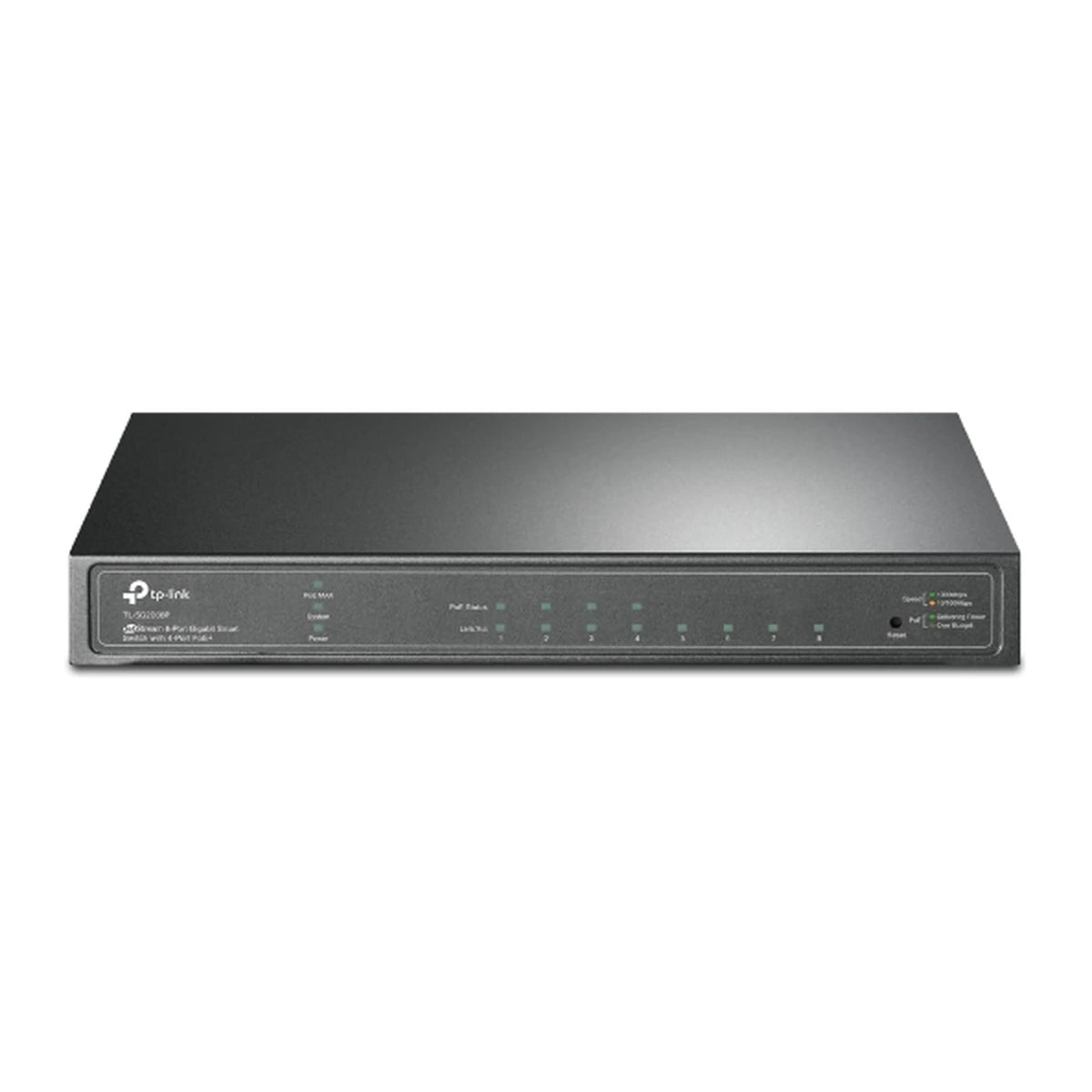 TL-SG2008P 8-poorts PoE+ Smart switch - voorkant, close-up