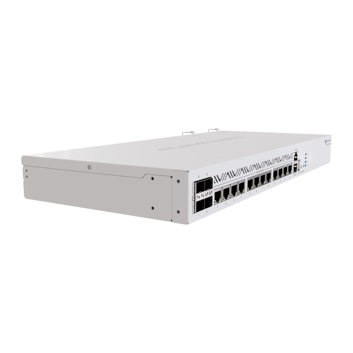 MikroTik CCR2116-12G-4S+, 1U-router schuin voorzijde
