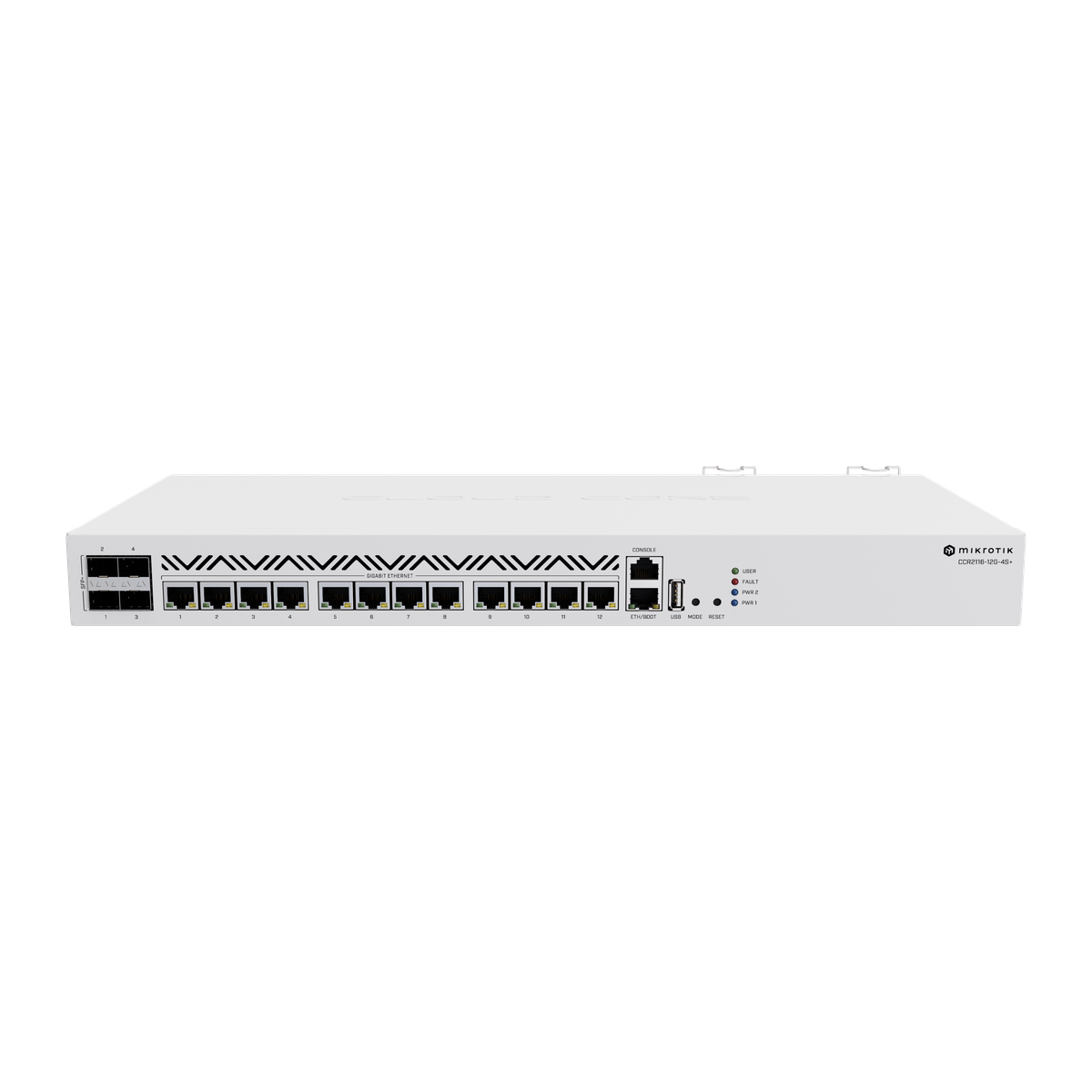 MikroTik CCR2116-12G-4S+, voorzijde met poorten
