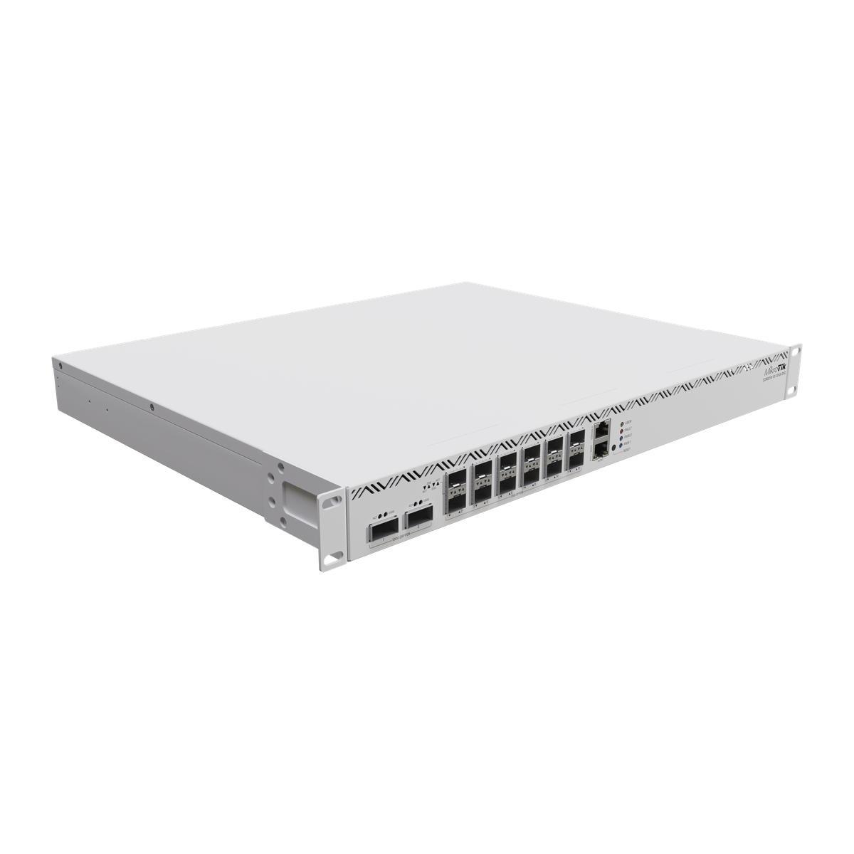 MikroTik CCR2216-1G-12XS-2XQ, 1U-router schuin voorzijde