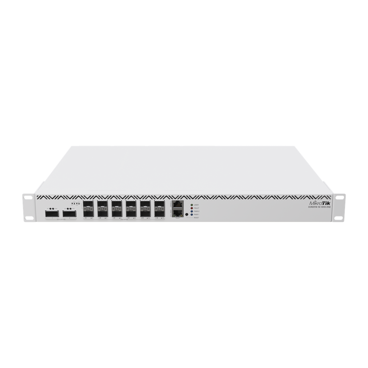 MikroTik CCR2216-1G-12XS-2XQ, voorzijde met SFP28-poorten