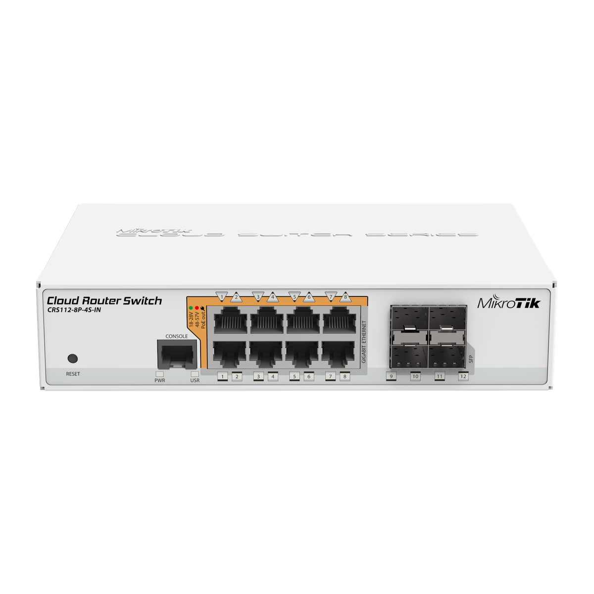 MikroTik CRS112-8P-4S-IN, smart switch voorzijde met PoE-poorten en SFP