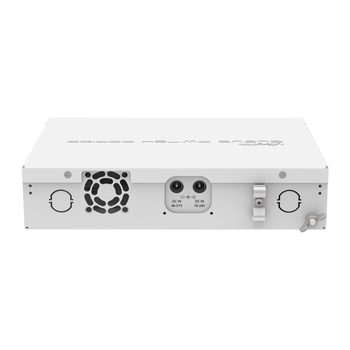 MikroTik CRS112-8P-4S-IN, achterzijde met voedingsaansluiting