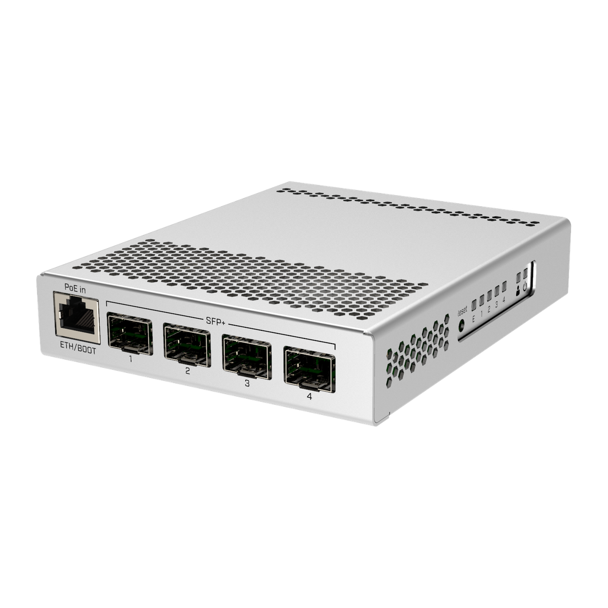 MikroTik CRS305-1G-4S+IN, desktopswitch voorzijde met SFP+-poorten