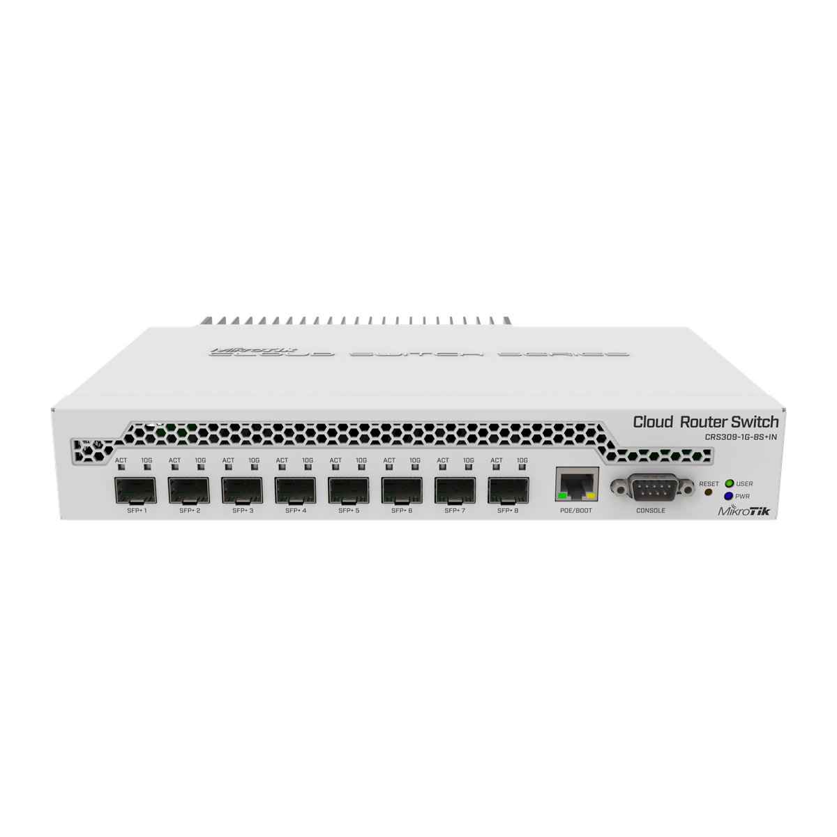 MikroTik CRS309-1G-8S+IN, voorkant met SFP+-cages