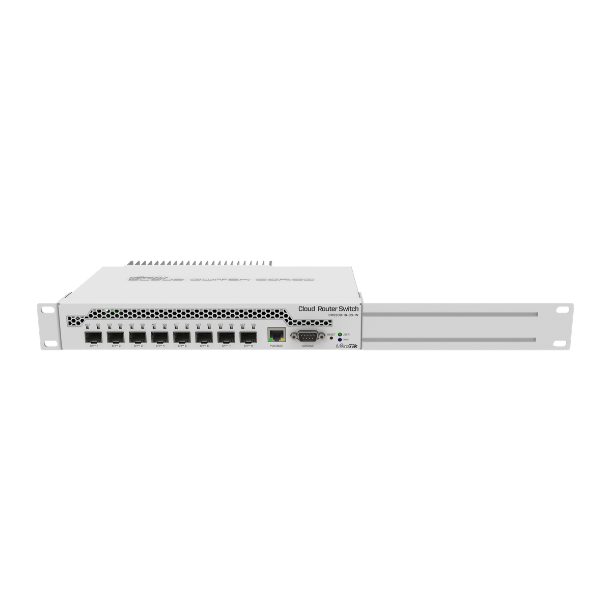 MikroTik CRS309-1G-8S+IN, zijaanzicht met rackoren