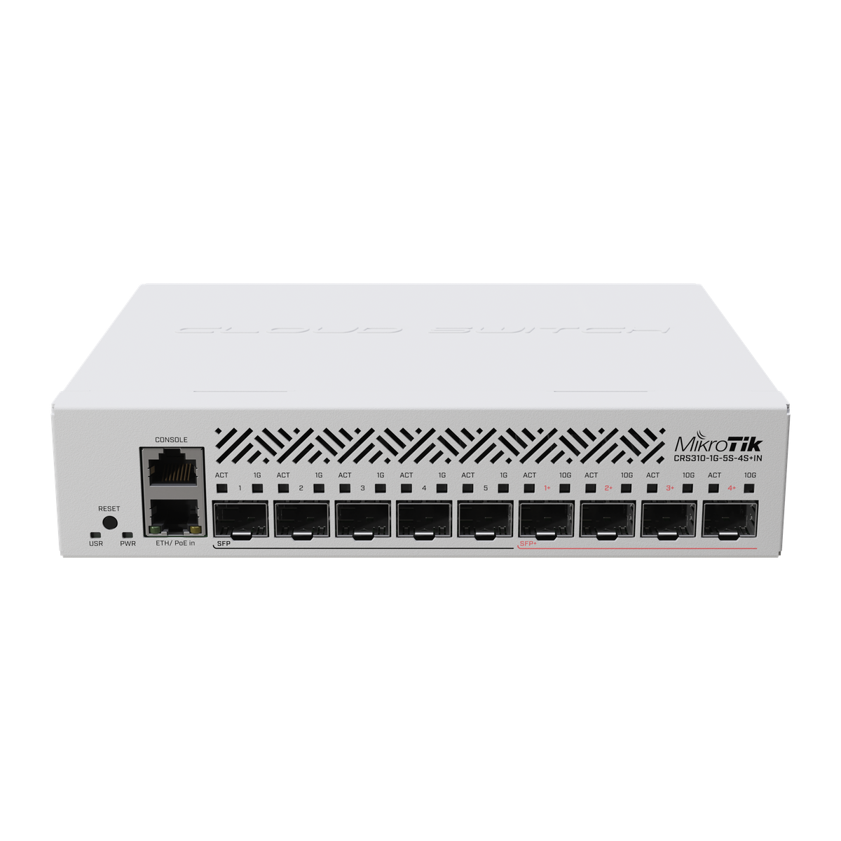 MikroTik CRS310-1G-5S-4S+IN, voorkant met SFP- en SFP+-poorten