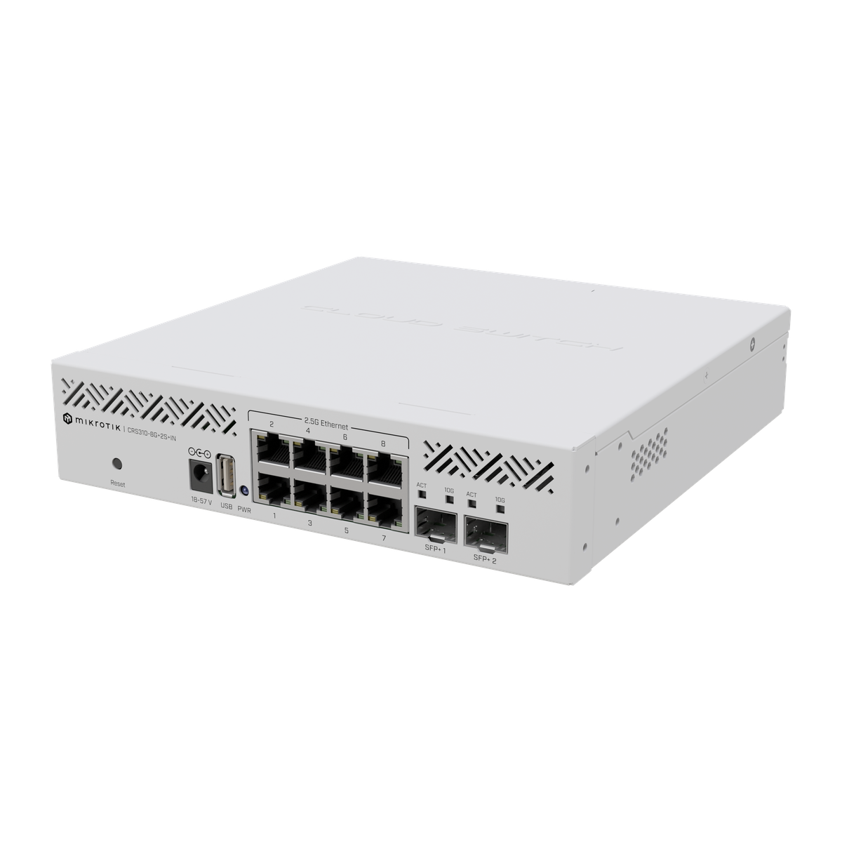 MikroTik CRS310-8G+2S+IN, voorkant met acht 2,5G-poorten