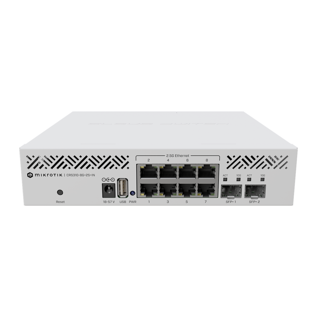 MikroTik CRS310-8G+2S+IN, poortenkant met SFP+-cages