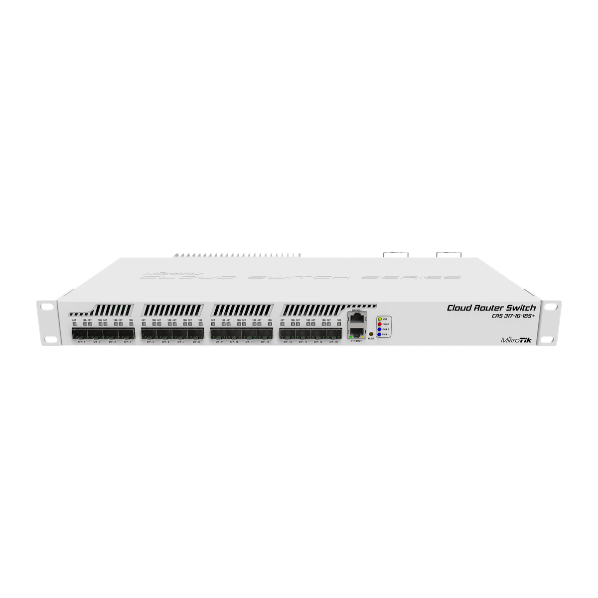 MikroTik CRS317-1G-16S+RM, voorkant met SFP+-poorten