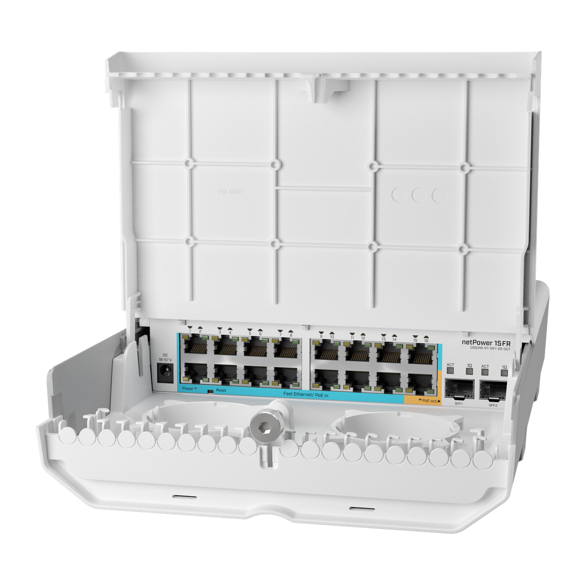 MikroTik netPower 15FR, achterzijde met montagebeugel