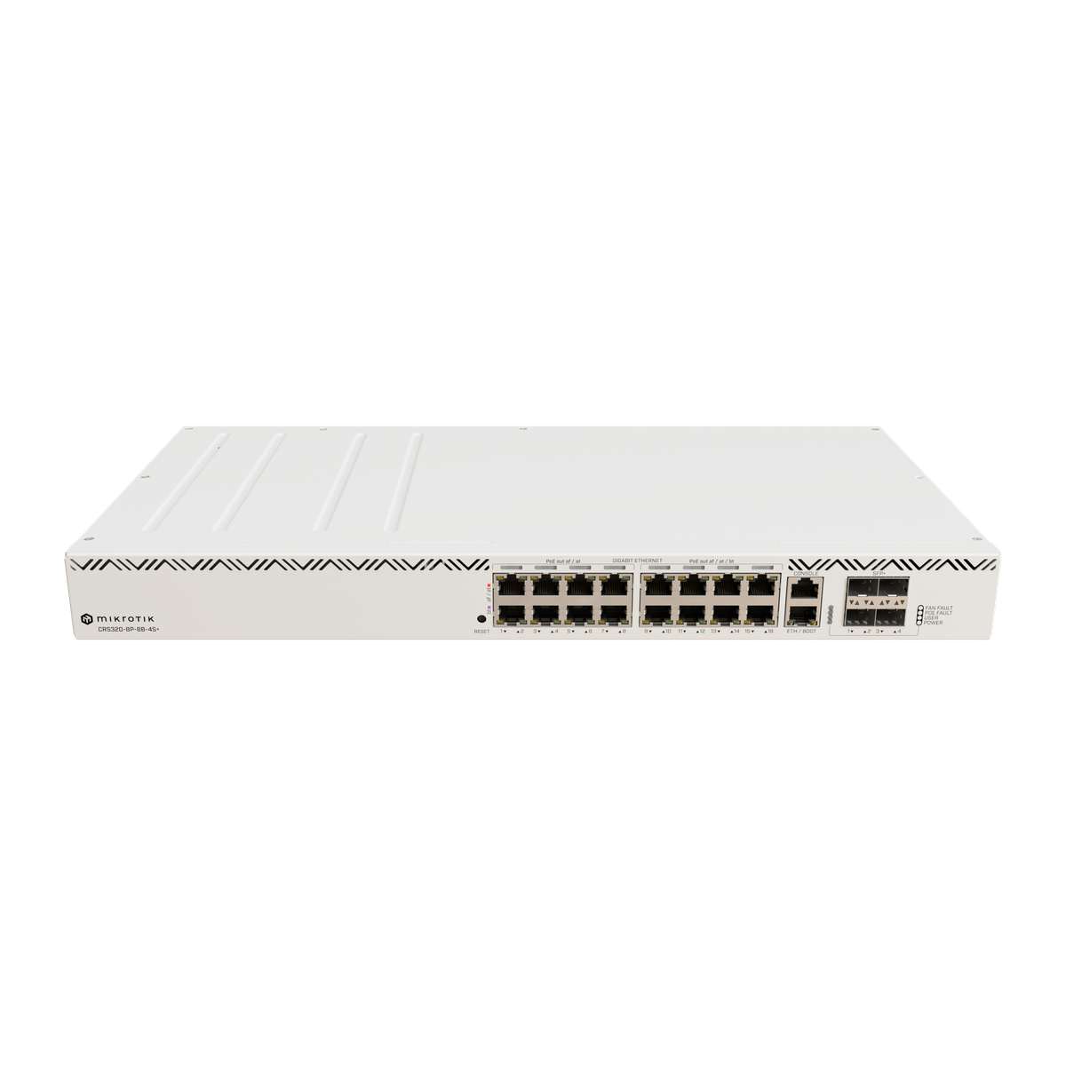 MikroTik CRS320-8P-8B-4S+RM, achterzijde met voeding