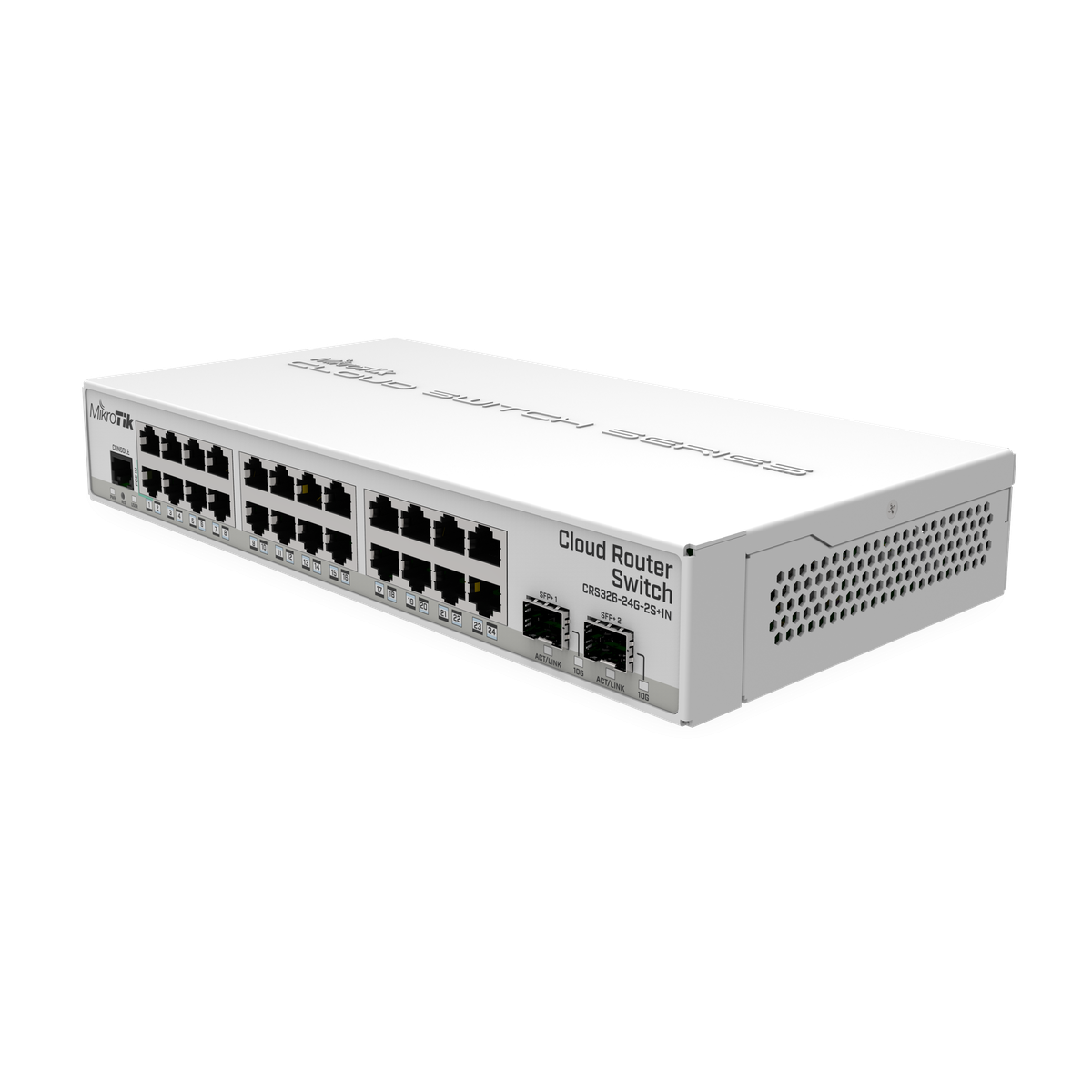MikroTik CRS326-24G-2S+IN, voorkant met 24 gigabit-poorten