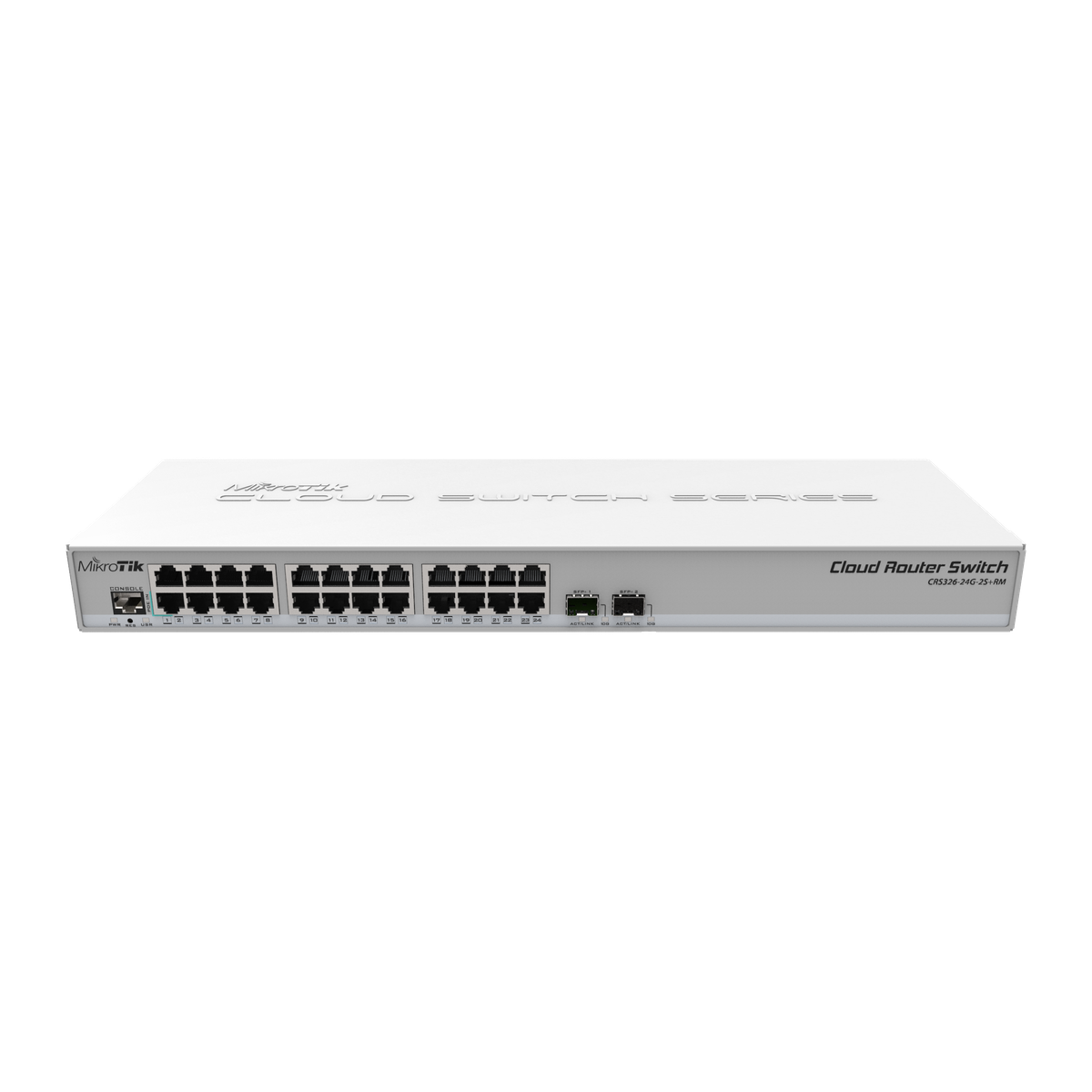 MikroTik CRS326-24G-2S+RM, voorkant met 24 gigabit-poorten