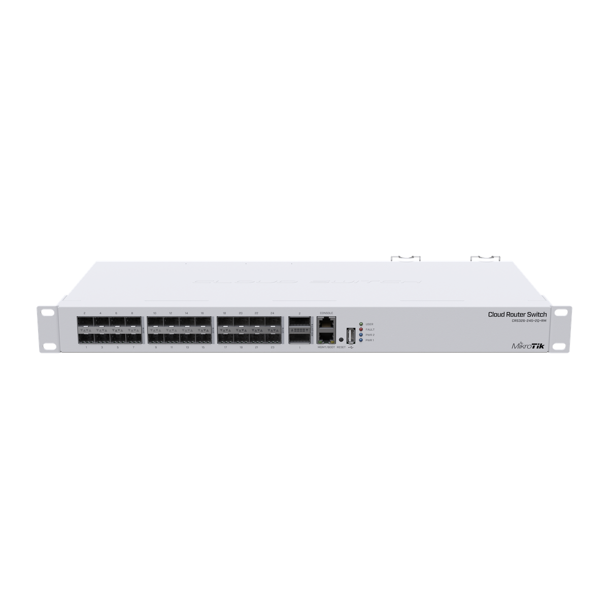 MikroTik CRS326-24S+2Q+RM, voorkant met SFP+-poorten