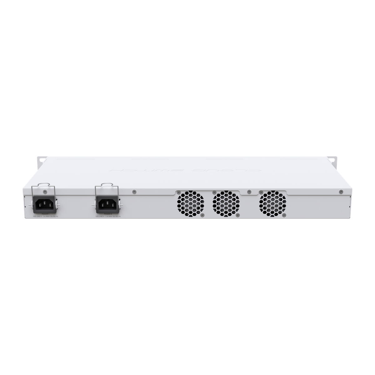 MikroTik CRS326-24S+2Q+RM, achterzijde met QSFP+-poorten en voedingen