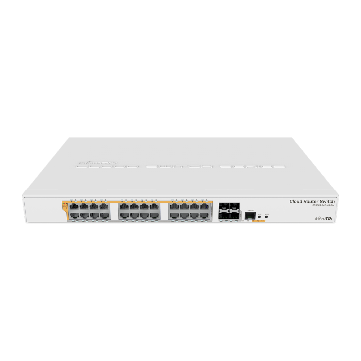 MikroTik CRS328-24P-4S+RM, voorkant met 24 PoE-poorten