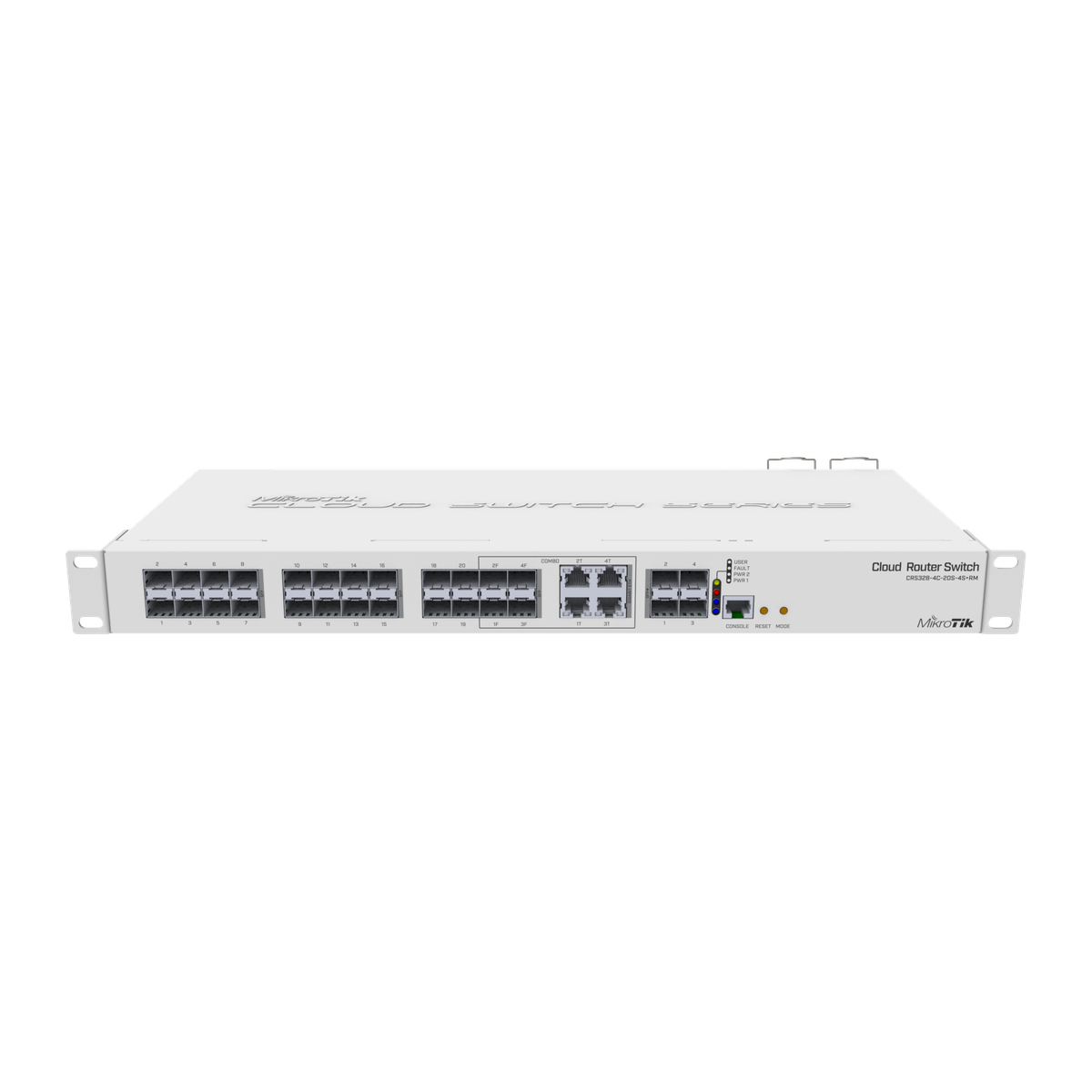 MikroTik CRS328-4C-20S-4S+RM, voorkant met SFP-poorten