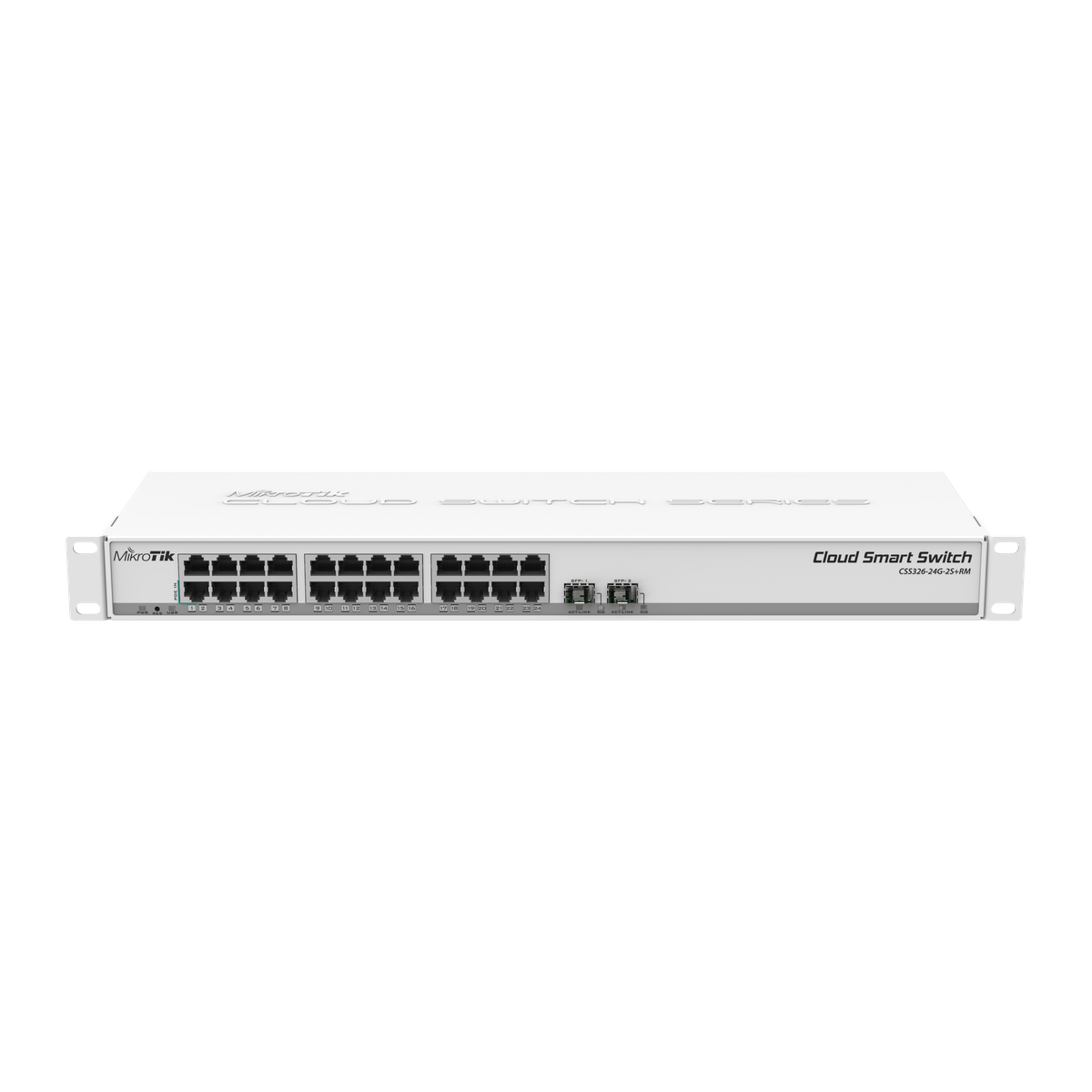 MikroTik CSS326-24G-2S+RM rackswitch, voorkant met 24 poorten en twee SFP-poorten