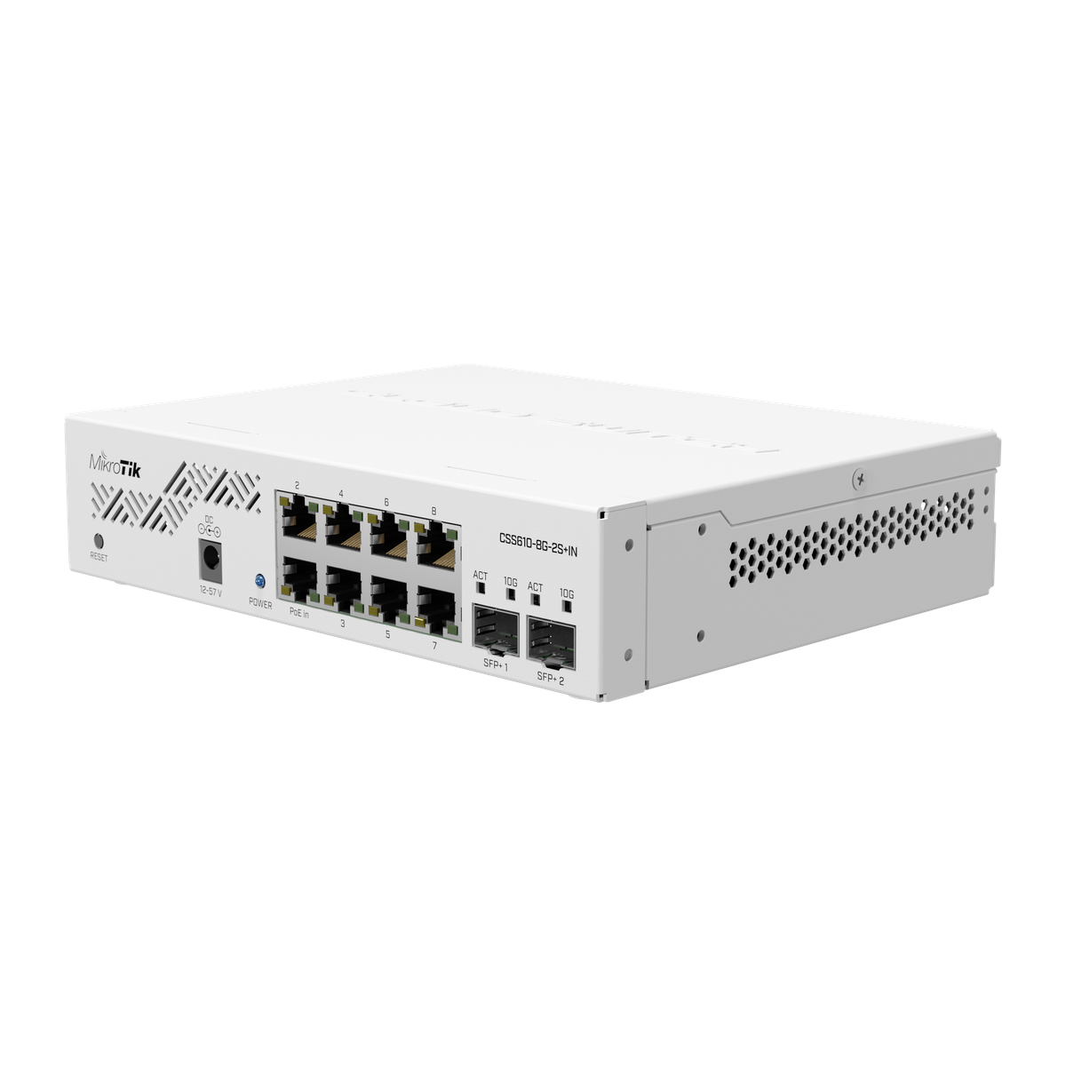 MikroTik CSS610-8G-2S+IN switch, schuin vooraanzicht met poorten