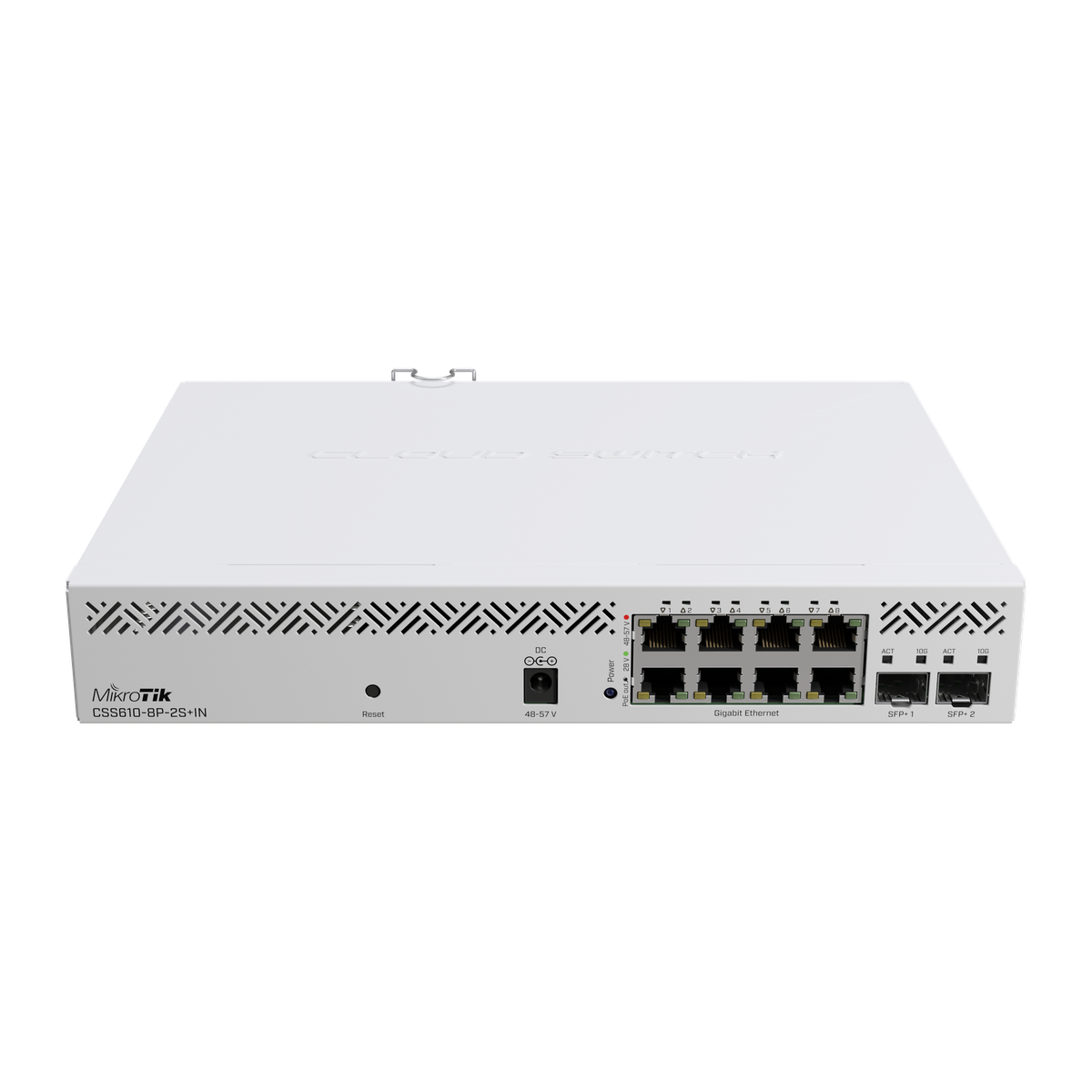 MikroTik CSS610-8P-2S+IN, achterzijde met voeding