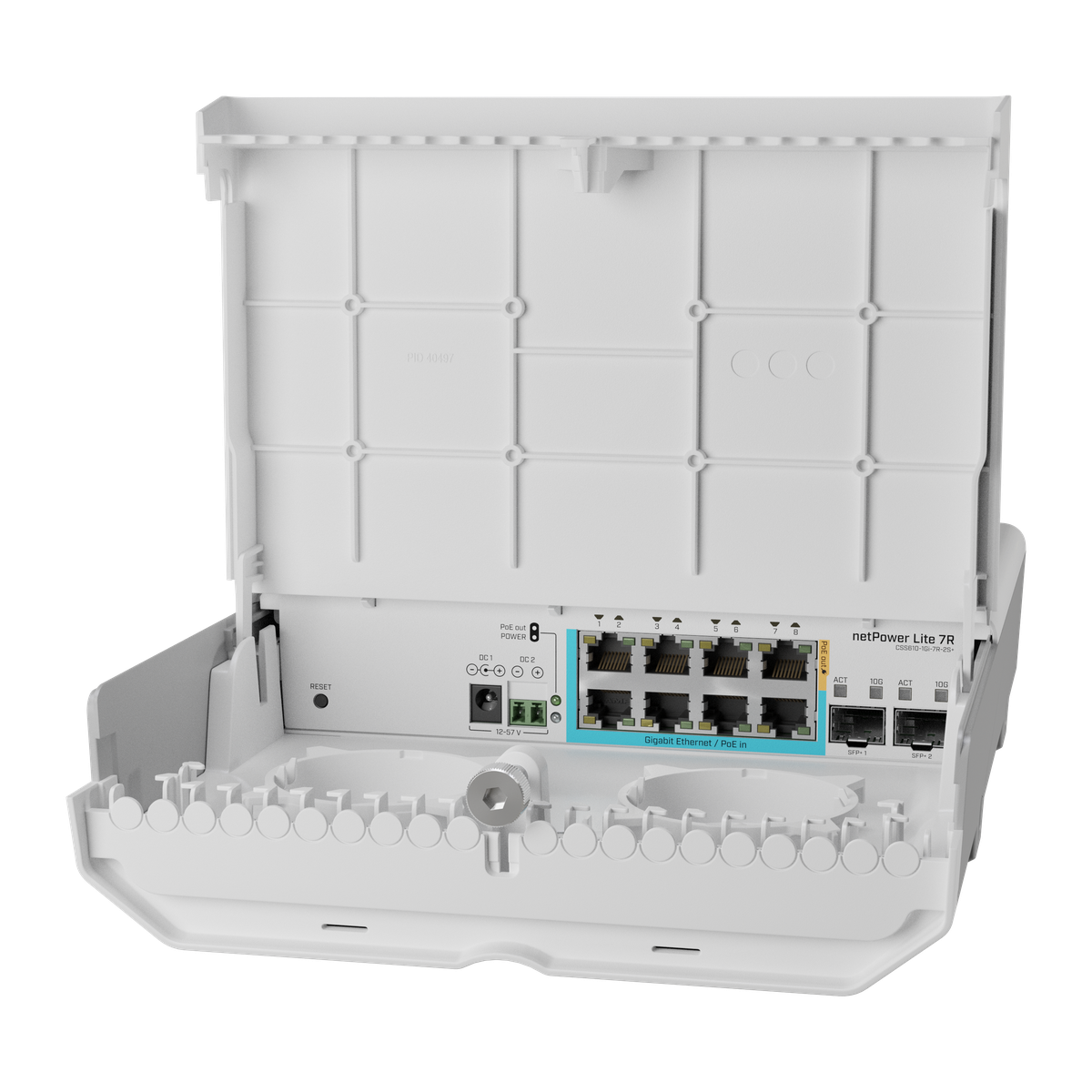 MikroTik netPower Lite 7R outdoor switch, geopende behuizing met poorten