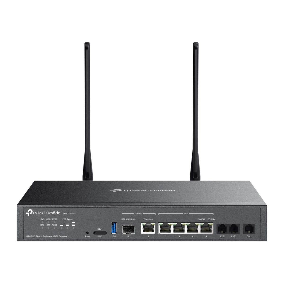 DR3220v-4G gateway, vooraanzicht met poorten