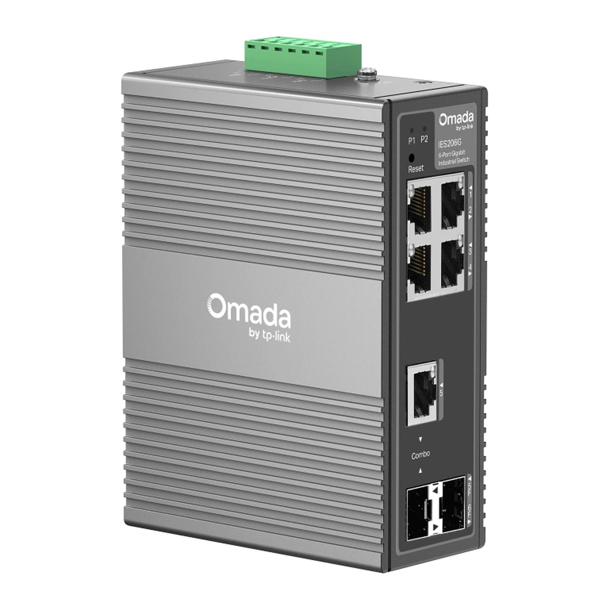 IES206G switch, voorkant met 4 RJ45-poorten en SFP