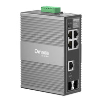 IES206G switch, voorkant met 4 RJ45-poorten en SFP