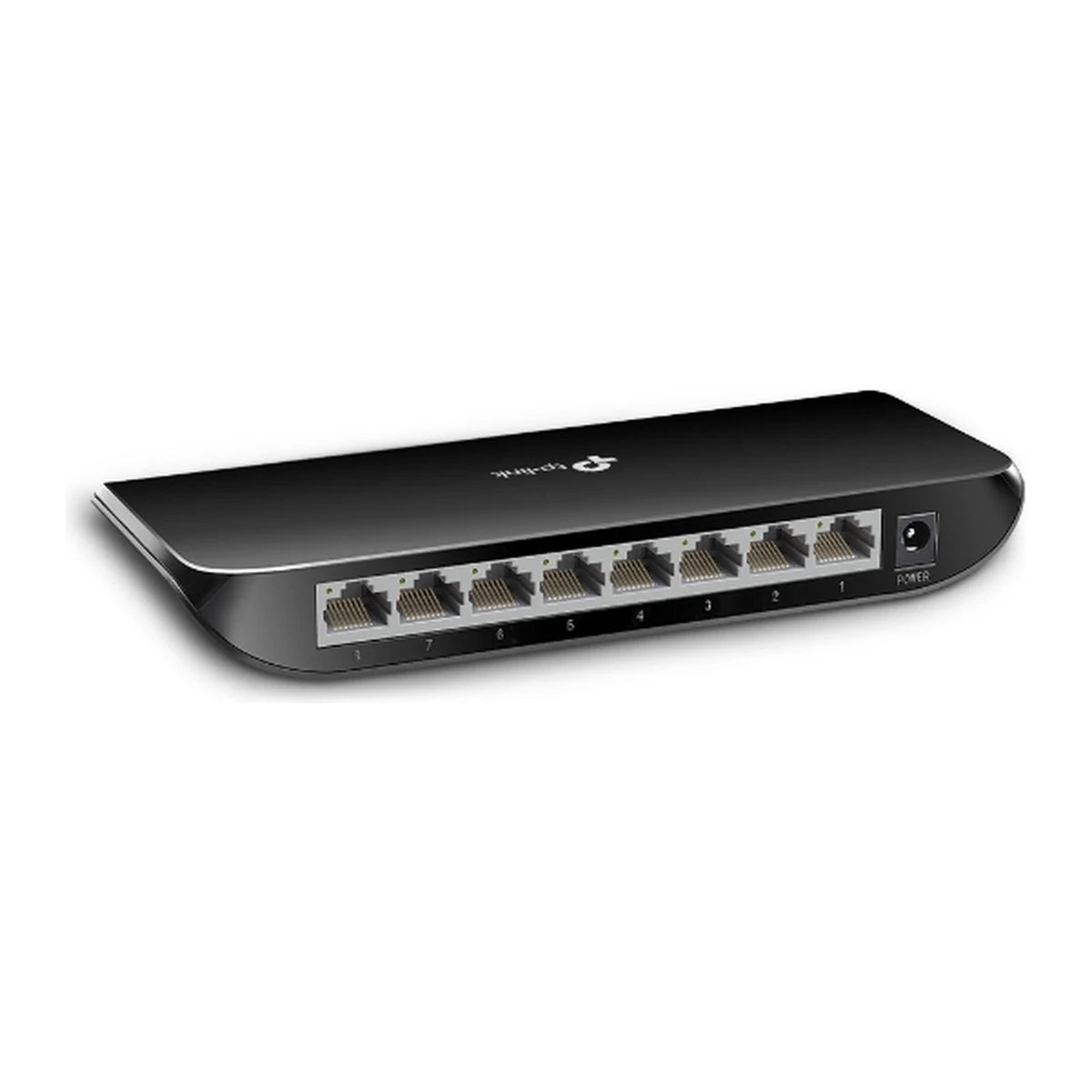 TL-SG1008D switch, poorten en voedingsaansluiting