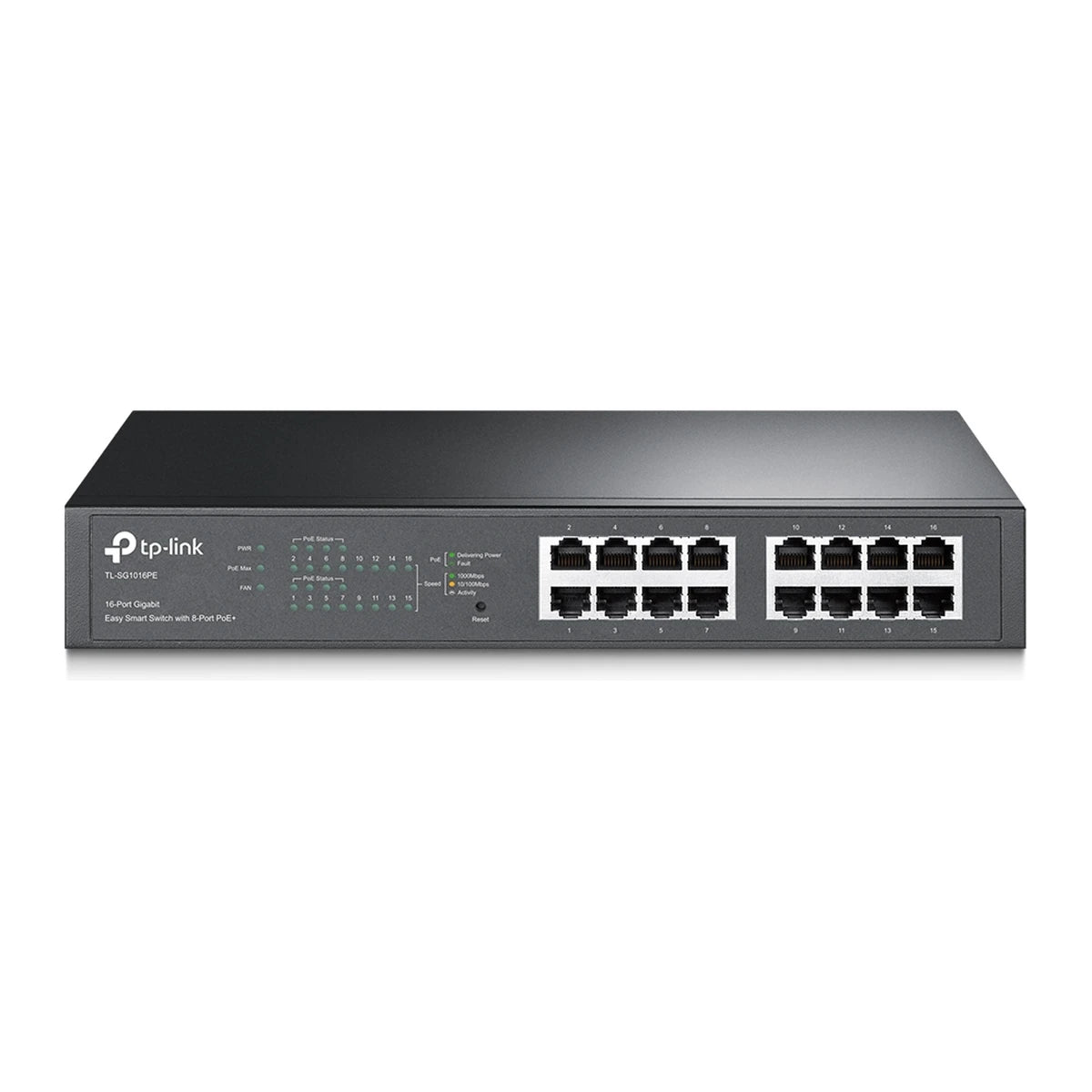 TL-SG1016PE PoE+ switch, schuin voorkant